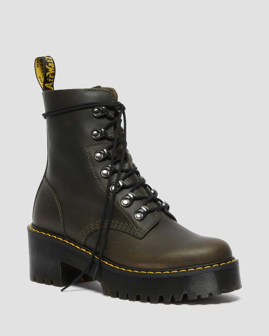 Dr. Martens Leona Lær Heeled Platform Støvler Dame Dyp Grønn [6501DMLRG]